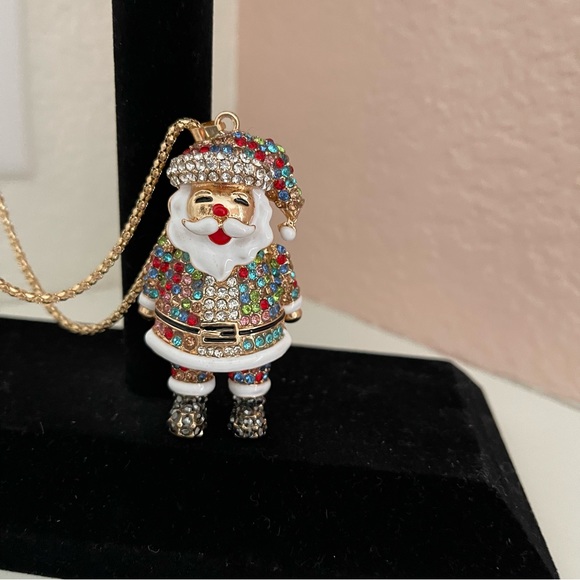 NWT Santa Claus Multi Color Rhinestone Pendant Necklace With Gold Chain - Picture 5 of 8